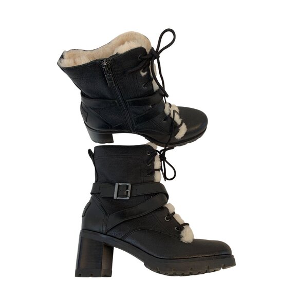 UGG Shoes - UGG Ingrid Biker Black Leather Sheep Skin Ankle Boots Lace Up  Buckle Sz 7 9018